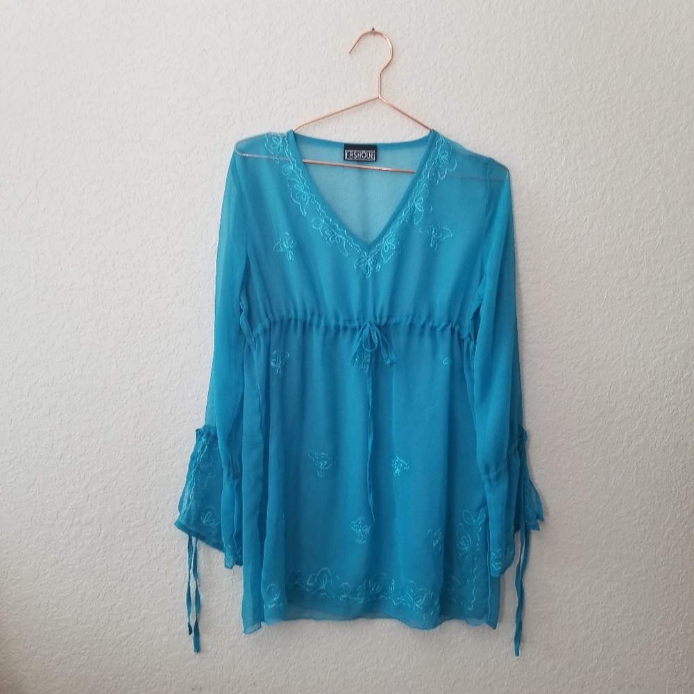 Fashque Sheer Bell Sleeve Top Teal S